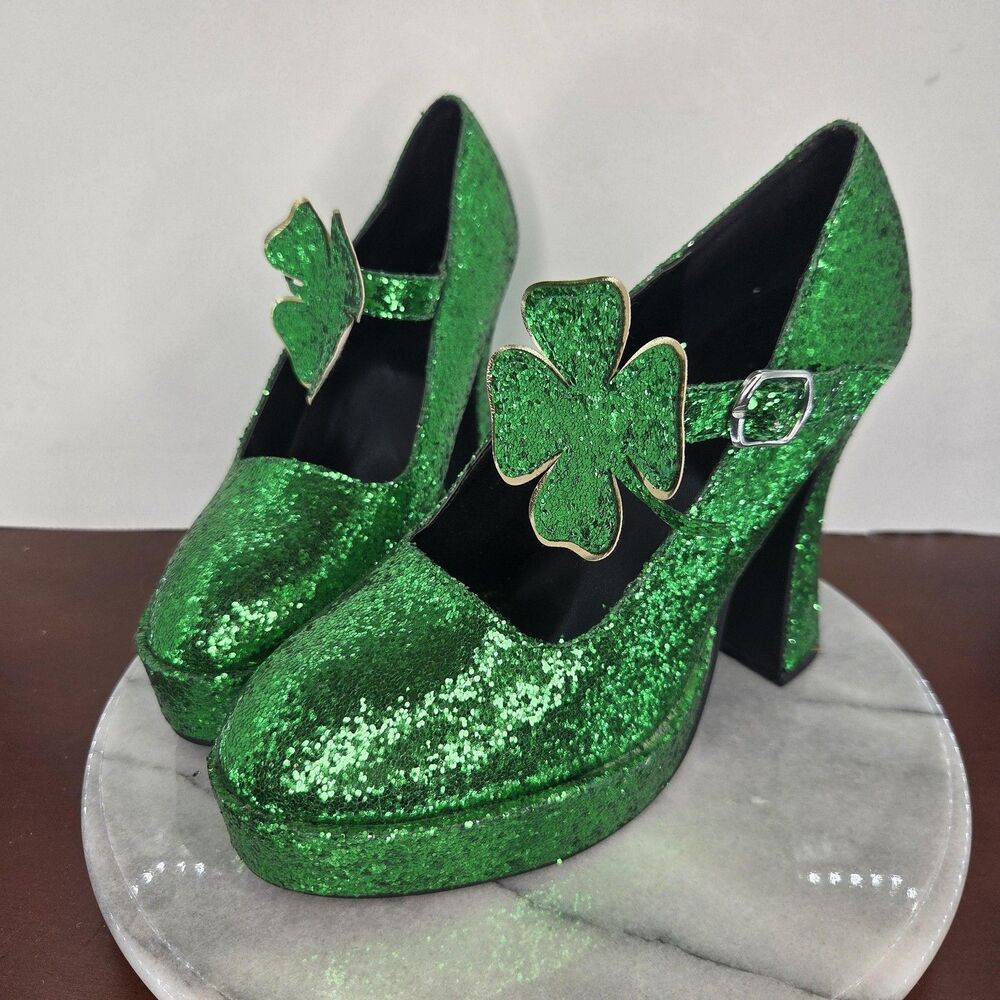 Shoes Womens Size 10 Green Glitter Platform Shamrock St Patricks Day Leprechaun